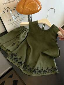 GlowEve 女款刺繡百搭圓領上衣，適合日常穿著與度假野餐，綠色花卉夏季熱帶鄉村風 - 綠色 - 查看 1