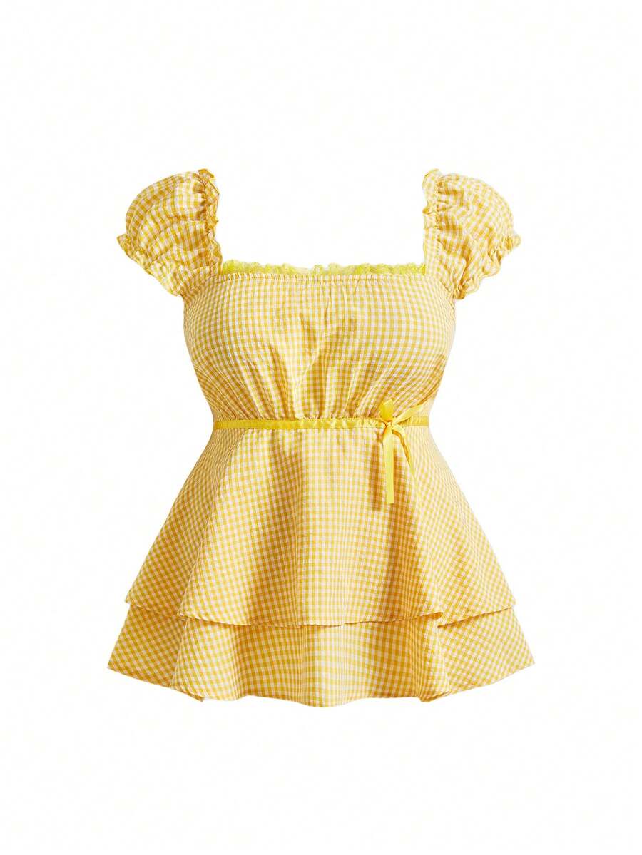 ROMWE Kawaii Cute Bow Decor Square Collar A-Line Plaid Plus Size Shirt - Yellow - View 1
