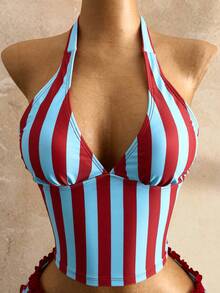 Swim Mod 女士两件套波点荷叶边露脐上衣和系带比基尼泳裤泳装套装，夏季 - 彩色 - 查看 6