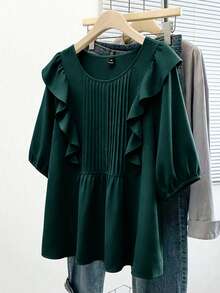 GlowEve CURVE Plus Size Women Solid Color Ruffle Hem Pleated Loose Blouse - Dark Green - View 4