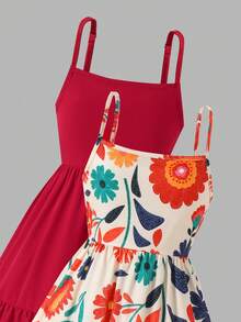 Girls Casual Floral Print Camisole Dress And Solid Red Dress Set, Suitable For Outdoor Vacation - Red - View 3