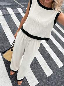 SHEIN PETITE CURVE 大码女式法式夏季度假休闲奶油黄亚麻撞色饰边吊带背心和长裤两件套，无袖圆领亚麻后背纽扣上衣和长裤套装，时尚亚麻无袖两件套裤装，适合夏季办公室通勤、夏季套装、夏季沙滩套装、夏季裤装套装、波西米亚风两件套、显瘦休闲套装、夏季度假装 - 彩色 - 查看 5