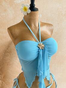Soleia Bộ bikini nữ màu trơn, kiểu áo yếm vạt lệch và quần tam giác thắt nút. - Màu xanh lam - Xem 5