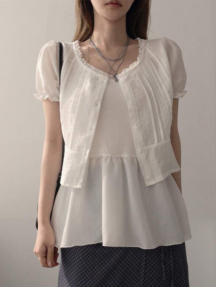 Women's Solid Color Pleated Contrast Lace Short Sleeve Cropped Casual Summer Blouse