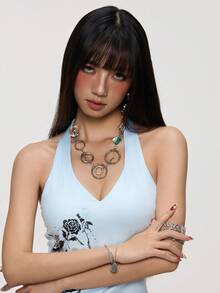 INAWLY Vintage Y2k American Style Light Blue Rose Print Spaghetti Strap Camisole Top For Women Night Out Summer - Blue - View 5