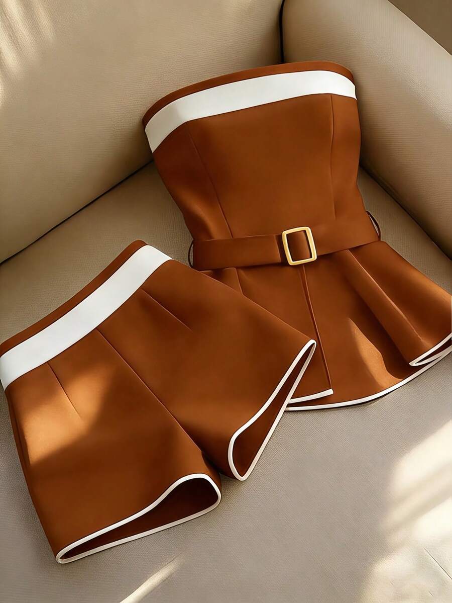 SHEIN Franclia Women's Fashion Urban Contrast Color Metal Buckle Bandeau Top And Casual Shorts 2 Pieces Set - Coral Orange - View 1