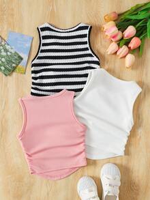 SHEIN 女童三件套：针织纯色粉白条纹高领修身休闲短款背心，适合学校、校园、大学穿着 - 彩色 - 查看 2
