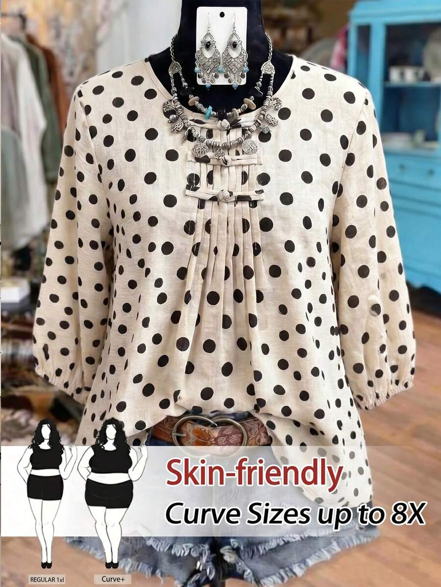 SHEIN CURVE+ Plus Size Women's Ruffle Collar Polka Dot Puff Sleeve Shirt, Casual & Comfortable - Beige - View 1