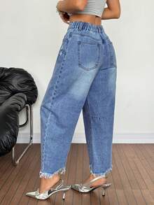 SHEIN PETITE 夏季小版女款休閒Y2K高腰破洞桶型牛仔褲 磨邊寬腳鬆垮牛仔長褲 街頭風口袋寬鬆短版牛仔褲 - 淺色水洗藍 - 查看 4