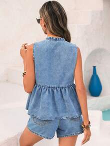 Vivid Eden Áo denim không tay cổ chữ V dành cho nữ, có dây buộc phía trước và viền bèo nhún. - Rửa nhẹ - Xem 2