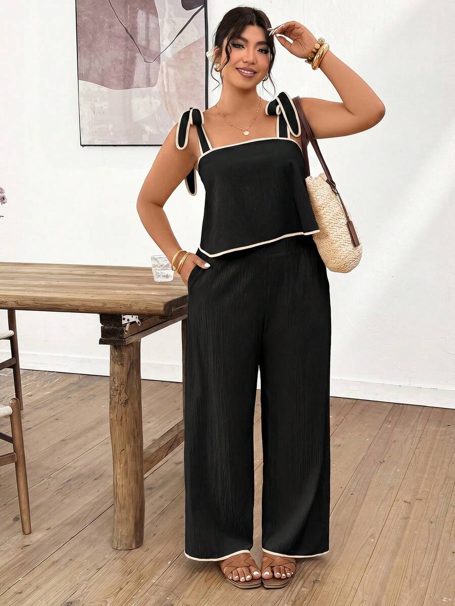 Lounesse 2pcs Contrast Color Fashionable Commuter Plus Size Women Camisole And Pants Set - Black - View 1