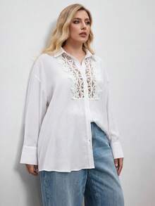 Maija Camisa de talla grande de unicolor casual con parches de encaje, primavera/otoño - Blanco - Ver 6