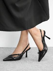 CUCCOO BIZCHIC 女士尖头性感后跟替换扣低鞋面套脚细高跟通勤布多功能侧镂空女式高跟鞋 - 金屬黑 - 查看 3