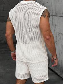 Manfinity Homme 2pcs/Set Men's Hollow-Out Jacquard Round Neck Vest And Shorts,Off-White Summer Streetwear Vacation Holiday,Casual Samurai Style Sports Set For Men - Beige - View 2