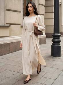 Selianne Vestido Longo Elegante de Estilo Resort Feminino, Cor Sólida com Decoração de Pérola Falsa no Cinto, Primavera/Outono - Damasco - Visão 5