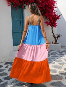 Vivid Eden Woven Contrast Color Spaghetti Strap Dress, Blue And Pink, Summer, Boho Tropical, Holiday, Vacation, Beach Outfits For Woman, Elegant Tropical - Multicolor - View 2