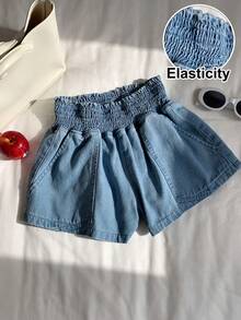 Comfortcana Quần short denim nữ dáng rộng, cạp chun, túi xéo, thích hợp cho mùa hè. - Rửa nhẹ - Xem 1