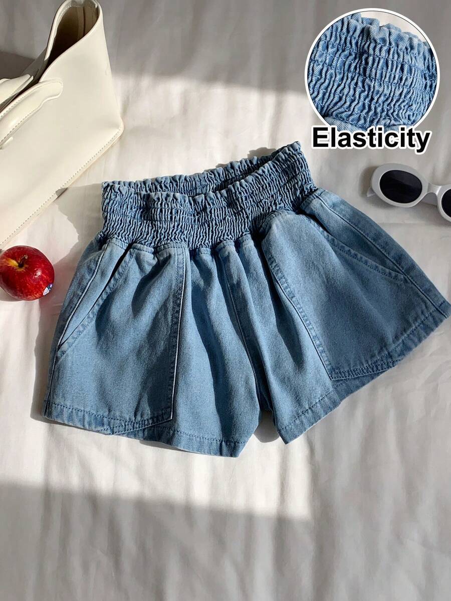 Comfortcana Quần short denim nữ dáng rộng, cạp chun, túi xéo, thích hợp cho mùa hè. - Rửa nhẹ - Xem 1