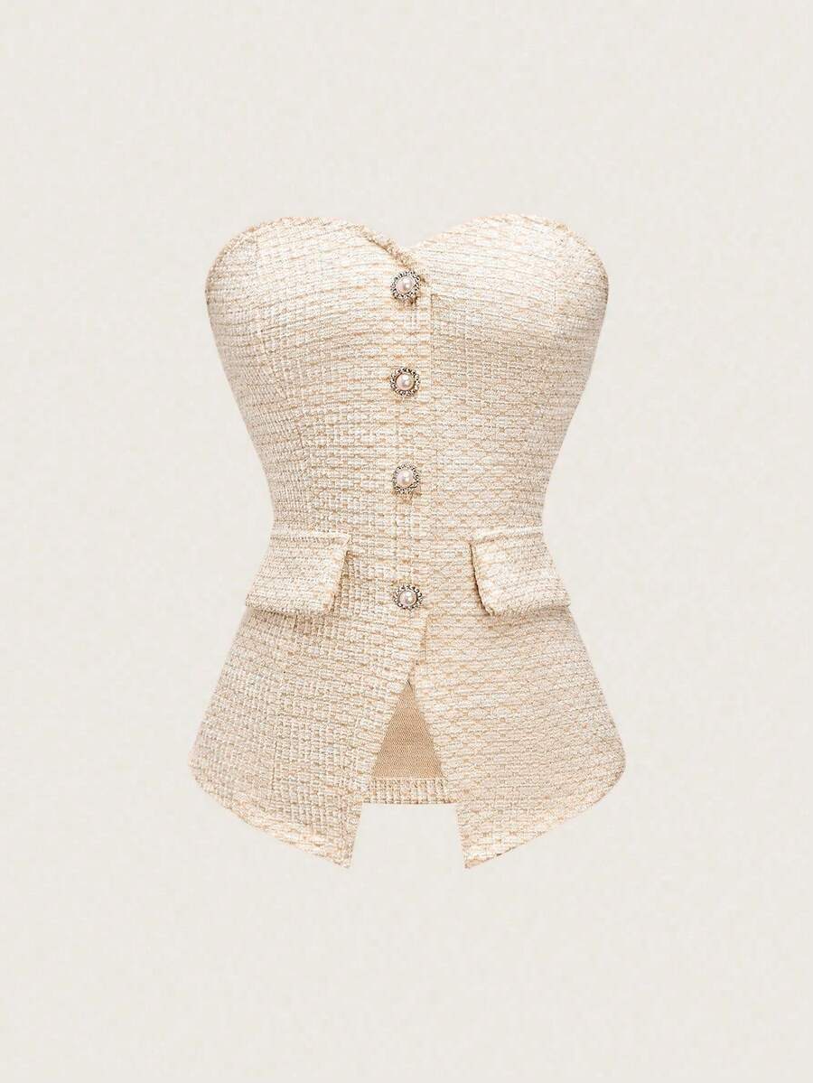 Olithes Women's Summer Pink Textured Bandeau Tight Crop Top With Pearl Button Detail - Khaki - View 1