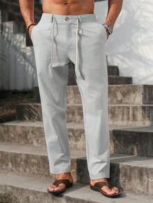 VENTUSAIL Pantalones largos entubados de lino para hombre, cintura con cordón, color liso, frescos, para salir, otoño, vacaciones - Gris Claro - Ver 7