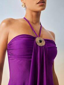 Hauture Women's Round Black Pearl Metal Decor Mini Dress - Violet Purple - View 3