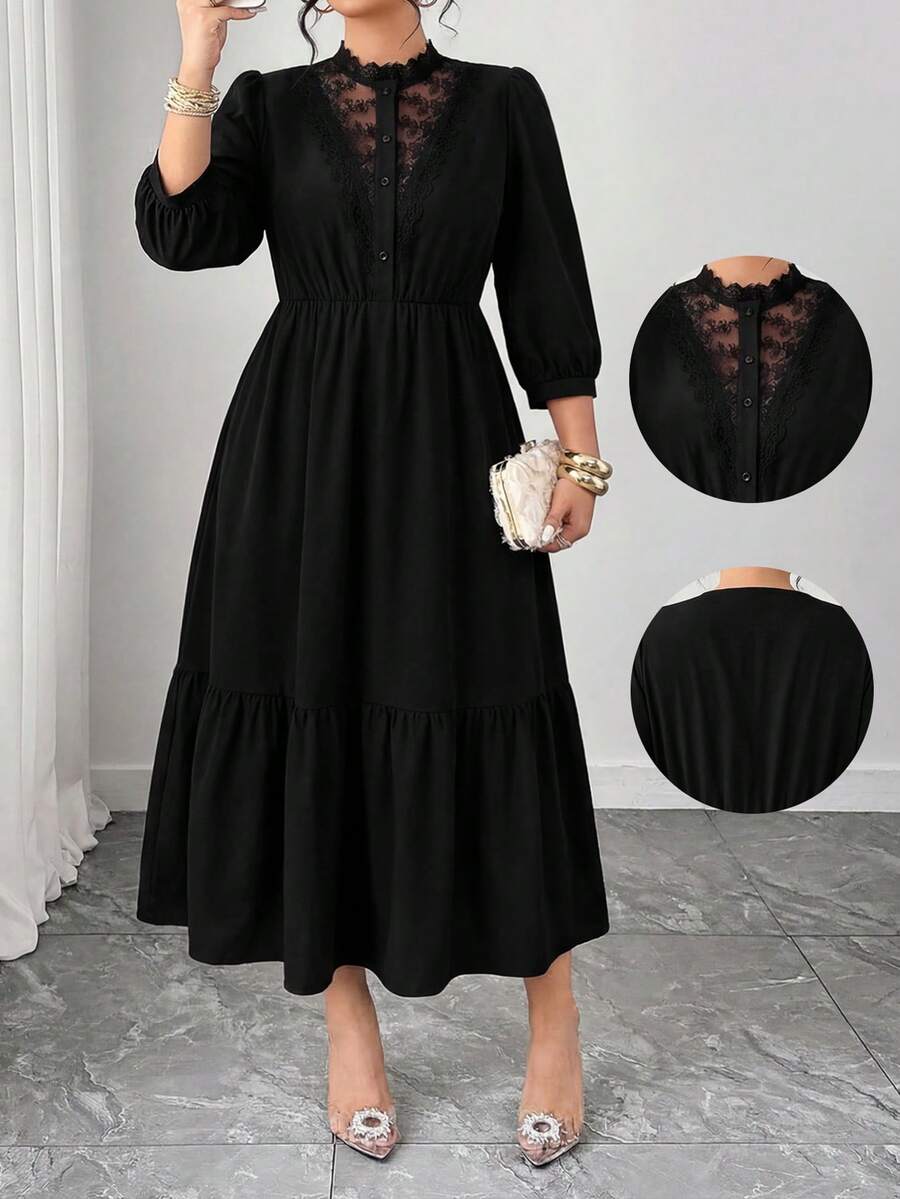 Elenzga Vestido de unicolor con volantes en el bajo, manga 3/4, corte evasé y parches de encaje para mujer de talla grande - Negro - Ver 1