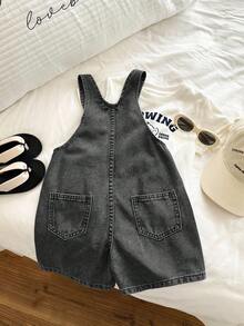 SHEIN Young BoyFitted Blue Denim Bib Shorts - Black - View 5
