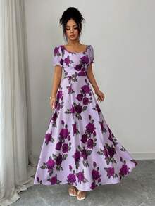 SHEIN Elenzya 女士花卉玫瑰印花方领褶皱A字泡泡袖连衣裙，优雅日常/度假/通勤时尚之选，适合情人节、约会、法式街头风、复古风、派对等场合，白色底色搭配红色玫瑰图案，早春/春夏新款中长连衣裙 - 紫色 - 查看 6
