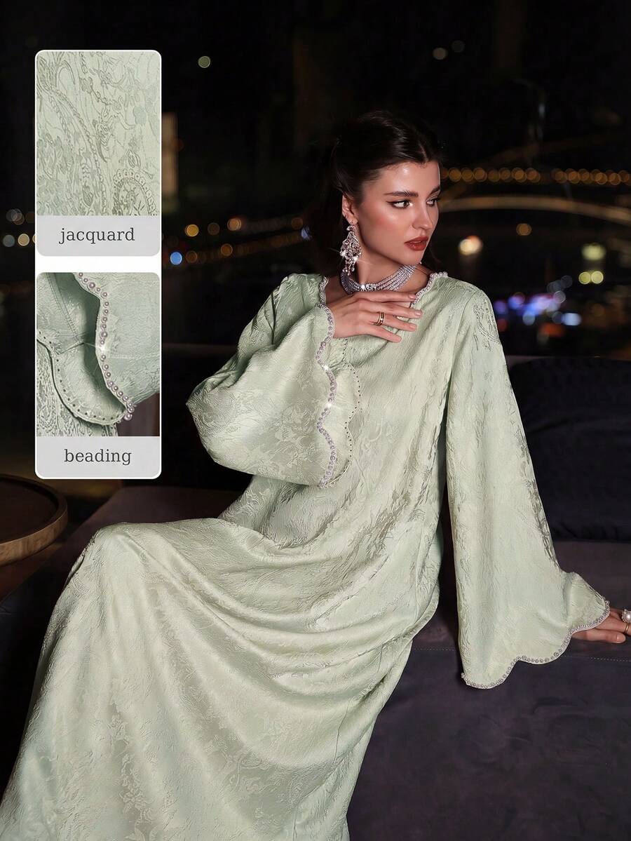 SHEIN Najma Áo Abaya Thổ Nhĩ Kỳ và áo choàng truyền thống Ả Rập tay dài màu hồng dệt jacquard đính hạt cườm sang trọng dành cho nữ mùa xuân/hè. - Màu xanh Bạc hà - Xem 1