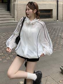 DAZY 女士插肩袖拉链抽绳连帽常规外套 - 白色 - 查看 14
