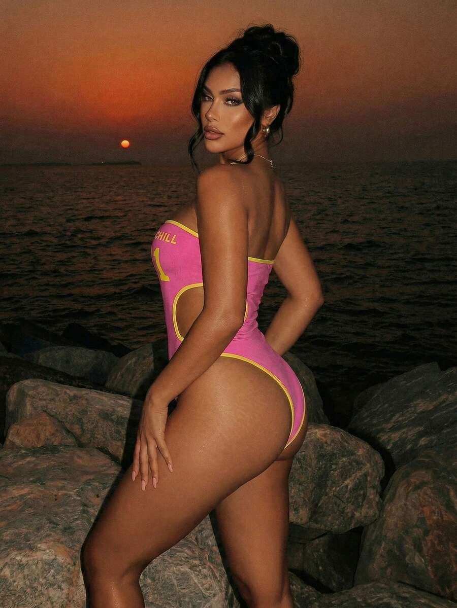 Swim SXY Body con estampado de letras y corte en la cintura para mujer - Blanco y Negro - Ver 1