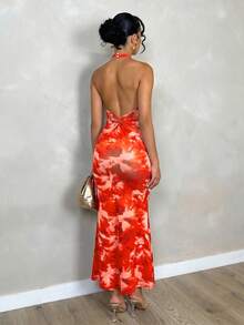 Allurite Đầm maxi dáng đuôi cá, cổ chữ V, hở lưng, in họa tiết tie-dye, thiết kế thắt nút xoắn, thích hợp cho đi làm hàng ngày, đi biển, dự tiệc riêng, hẹn hò buổi tối, lễ hội âm nhạc mùa hè - Họa tiết hoa ngẫu nhiên - Nhiều màu - Xem 5