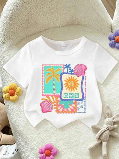 SHEIN Playful Pals Baby Girl Sweet Cute Funny Sun Shell Ocean Element Print Short Sleeve T-Shirt, Suitable For Outings In Summer