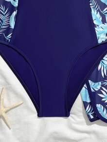 SHEIN Einteiler Badeanzug für Teenager Mädchen, digitaler Muster marineblau Palmenblatt Muster, Strickstoff, rückenfreier Seitenschlitz Einteiler mit passenden Dreieck Bikinihose und Badeshorts, modisches, lässiges, elegantes Design, geeignet für Schwimmen, Urlaub, Strand, Pool im Sommer - Verschiedenfarbig - Übersicht 3