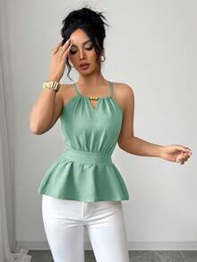 Elenzga Áo vest không tay ôm dáng thanh lịch màu xanh lá cây dành cho nữ, dây mảnh, đính hạt gỗ, thiết kế dây rút, thích hợp cho mùa xuân/hè. - màu xanh lá - Xem 7