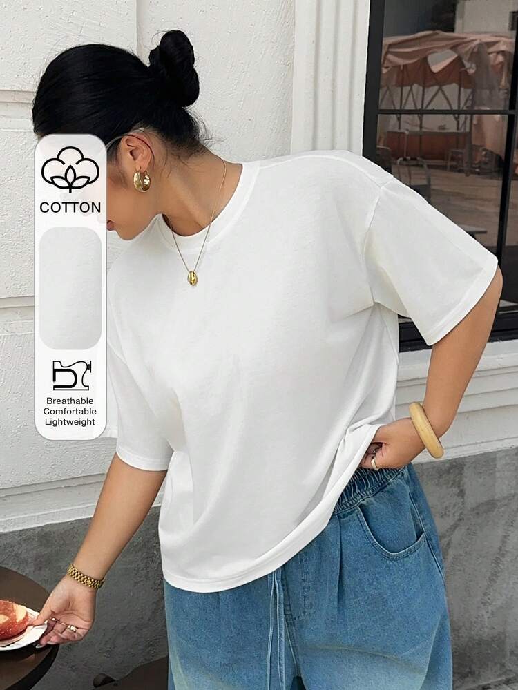 Dazy Plus New Loose Casual Round Neck All-Match Women Short Sleeve T-Shirt, Plus Size, White, Versatile Top For Spring/Summer