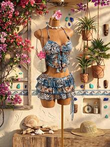 Bellisia Áo tắm tankini cổ yếm họa tiết da báo dành cho nữ, váy xếp ly, cạp cao, ôm dáng, thích hợp cho kỳ nghỉ biển, mùa xuân. - Nhiều màu - Xem 3