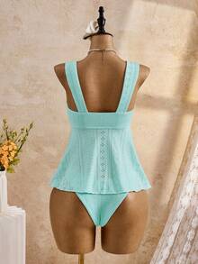 Bellisia Women's Teal Summer Tropical Beach Holiday Vacation Bikini Set,Elegant Vintage Jacquard Embroidery Camisole & Pleated Shorts Swimwear,Boho Y2K Style - Mint Blue - View 3