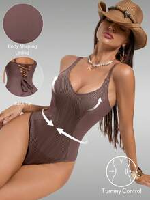 Shapewave Traje de baño de una pieza de color azul verdoso sólido con efecto ondulado, con cuello en V y diseño de soporte para estilizar la figura. Elegante, sexy y casual, ideal para fiestas en la playa, partidos de voleibol, festivales de música y citas nocturnas en la playa. - Agua verde azul - Ver 1