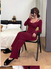 Dream Adore Spaghetti Strap Lace Patchwork 2 In 1 Cardigan & Pants Women Pajama Set - Burgundy - View 3