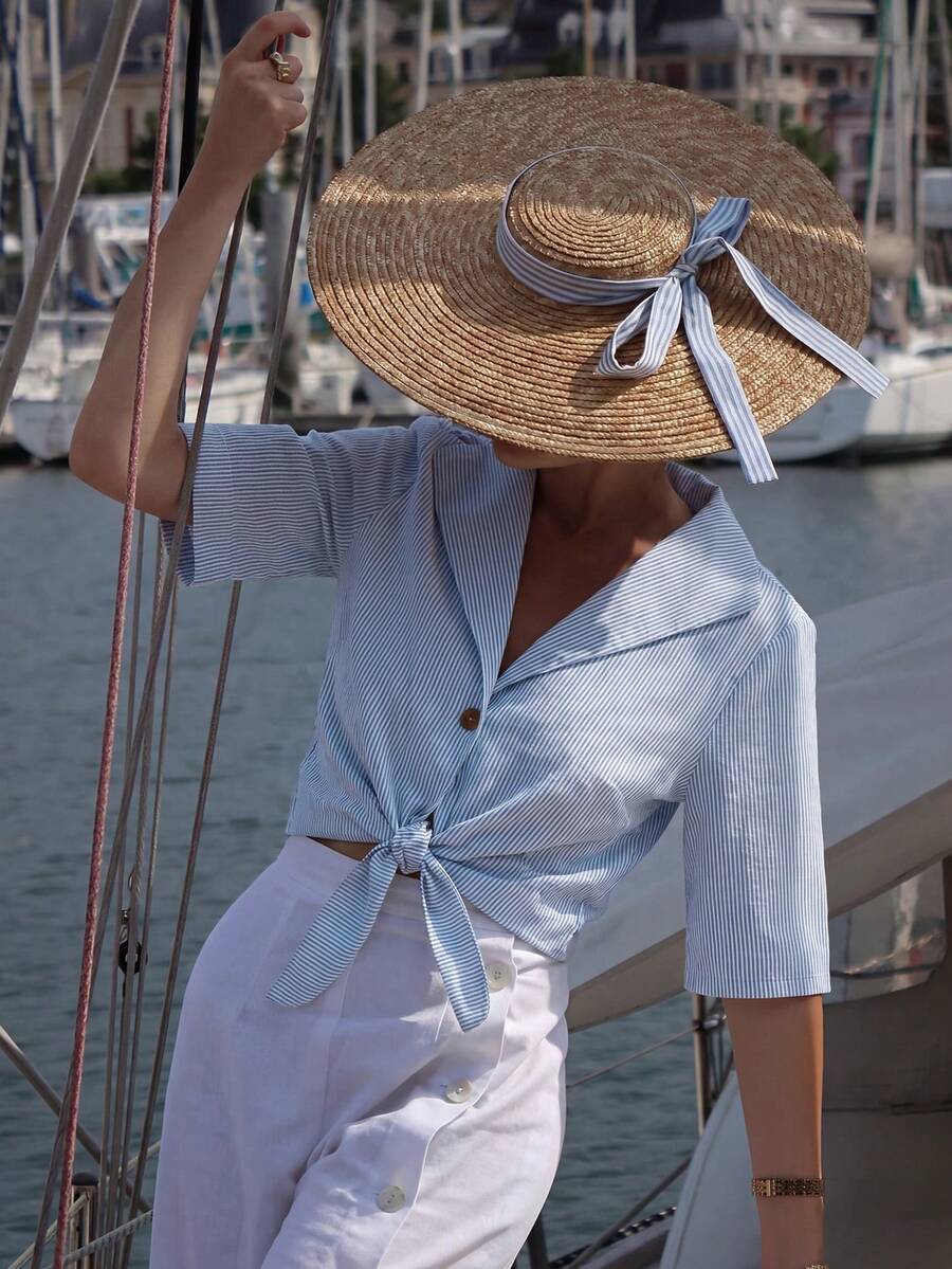 女士休闲条纹系带短款衬衫，夏季 - 藍色 - 查看 1