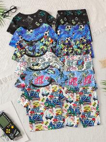 [2 Sets Random] 1 Set Baby Boy Summer Snug Fit Pajamas Short Sleeve & Shorts Soft Knit Ink Splatter Soccer And Cartoon Monster Print - Multicolor - View 2