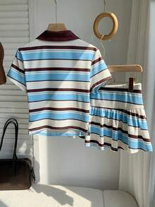 Conjunto de 2 piezas de camiseta de manga corta a rayas y minifalda casual de verano para mujer - Multicolor - Ver 2