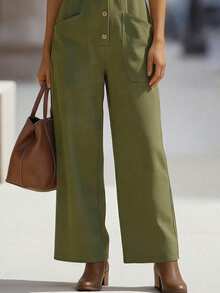 LUMIGAL Bộ jumpsuit nữ không tay cổ chữ V có túi cài cúc, ống đứng, thời trang xuân/hè. - xanh quân đội - Xem 6