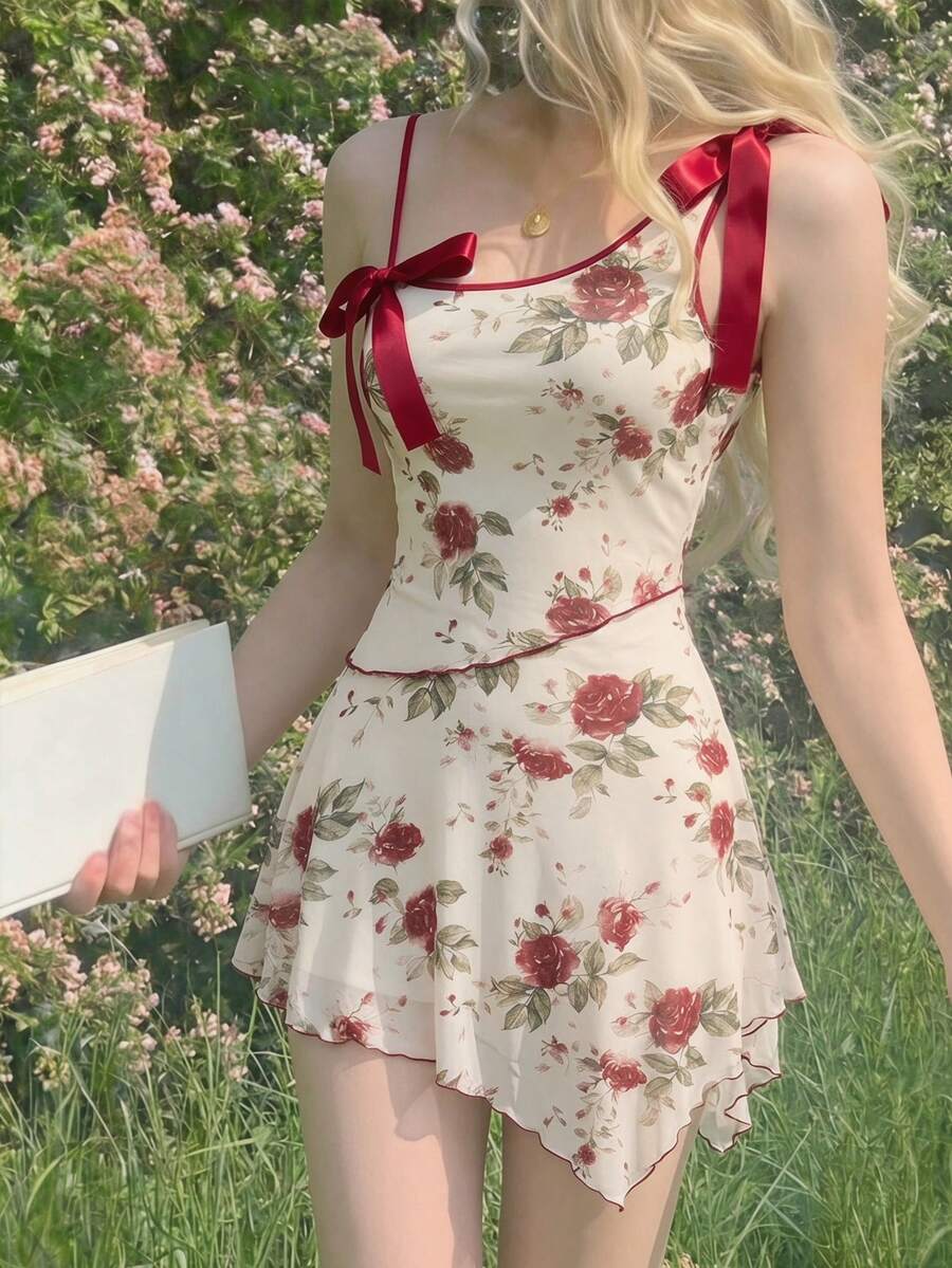 SHEIN MOD 复古印花女士不对称吊带连衣裙，饰有蝴蝶结和不规则下摆 – 70年代复古风、西部风、波西米亚风、游牧风，适合约会、派对、春夏装、春假、舞会、约会之夜、度假、野餐、节日、生日等场合。 - 彩色 - 查看 1