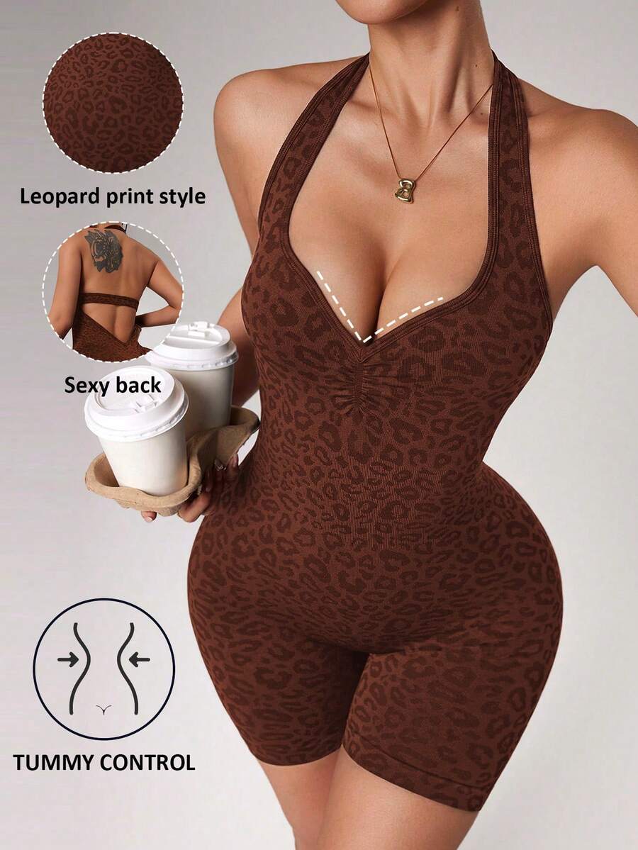 SHEIN Dewbera Bộ áo liền quần nữ không đường may họa tiết da báo, cổ yếm, hở lưng, khoét eo - Cà phê nâu - Xem 1