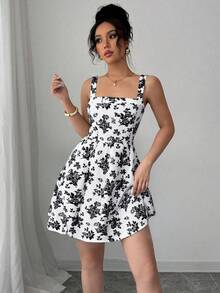 SHEIN Elenzya Đầm ngắn dáng chữ A thanh lịch mùa hè dành cho nữ, họa tiết hoa nhí, dây mảnh, cổ vuông, thắt eo. - màu đen - Xem 3