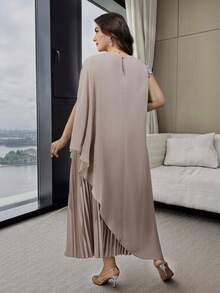 Modelyn Plus Size Women Elegant Poncho Sleeve Rhinestone & Faux Pearl Decor Irregular Hem Long Top And Pleated Skirt 2 Piece Set - Khaki - View 10