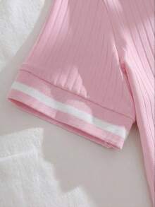 SHEIN Franclia 女士撞色 Polo 领短袖休闲 T 恤 - 粉色 - 查看 3