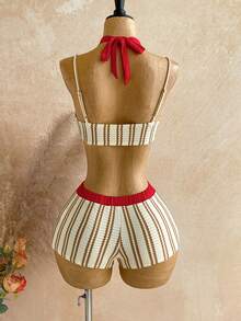Soleia Women's Vacation Beach Striped Backless Halter Top And Shorts 2 Pieces Set - Multicolor - View 2